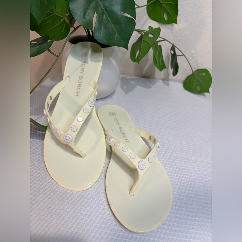 Tory Burch Pale Yellow Studded Jelly Thong Sandals